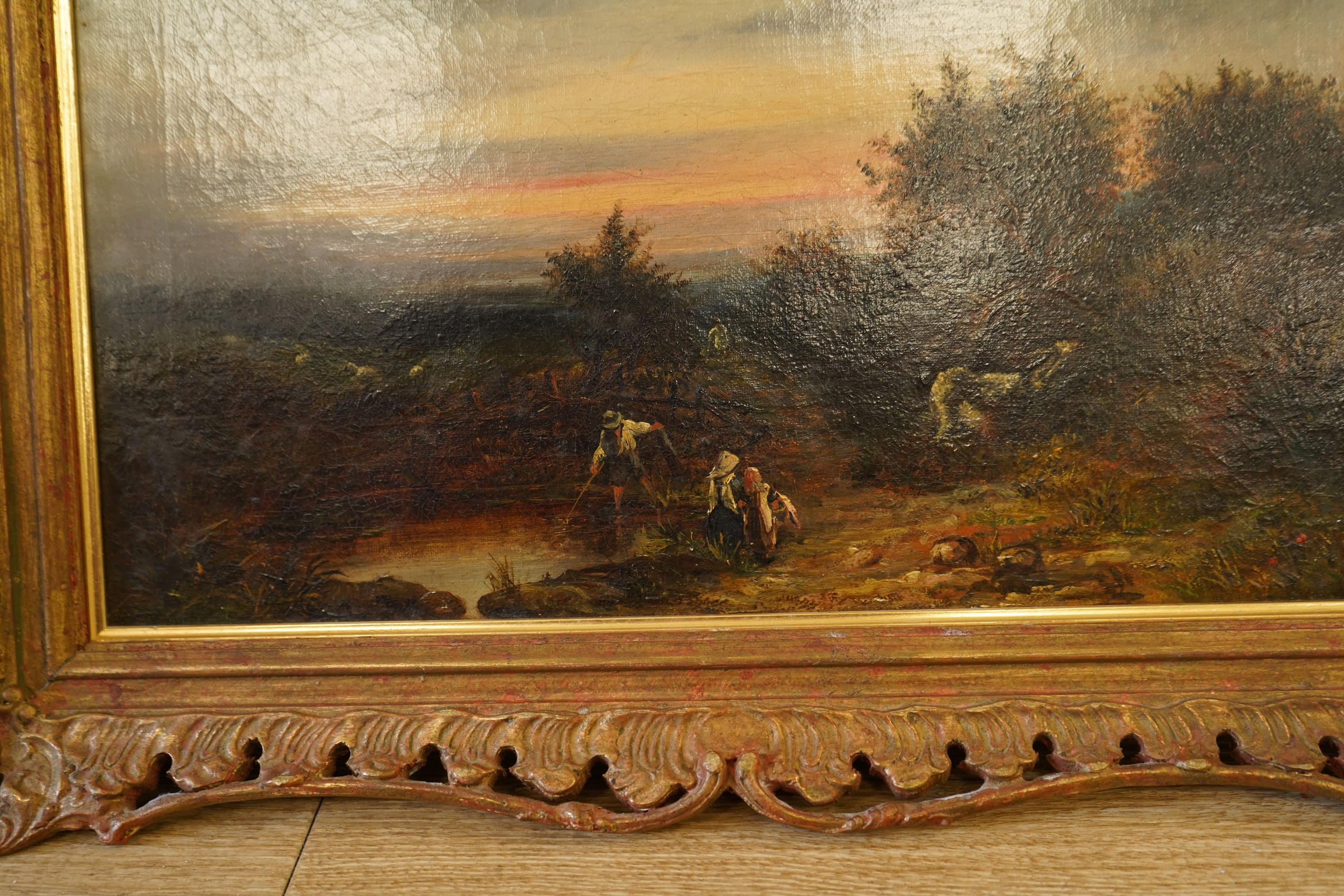 Attributed to Barbara A. Couldery, ‘Hampstead sunset’, unsigned, inscribed in ink verso, oil on canvas, ornate gilt frame, 24 x 38cm